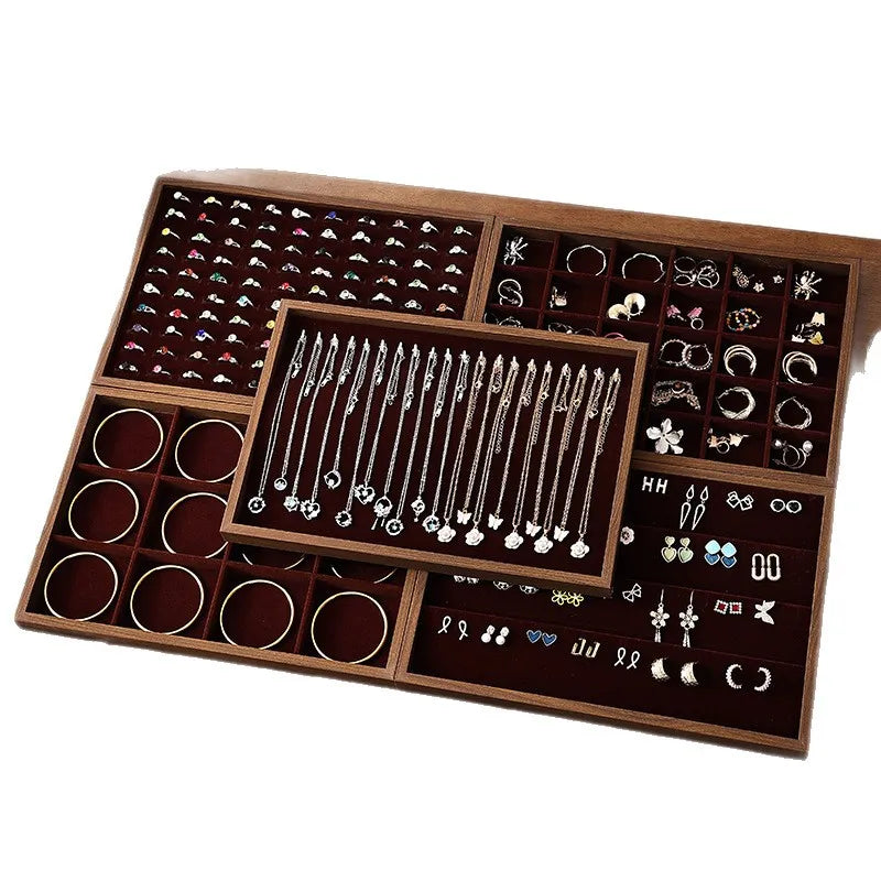 Walnut Wood Jewelry Display Tray Earring Necklace Bracelet Ring Stand Night Market Stall Props Luxury Style Jewelry Holder