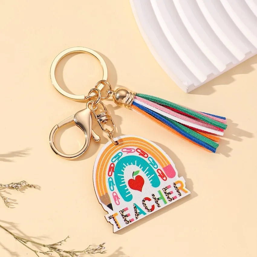 Modern Style Letter Rainbow Tassel Wood Teachers' Day Unisex Keychain