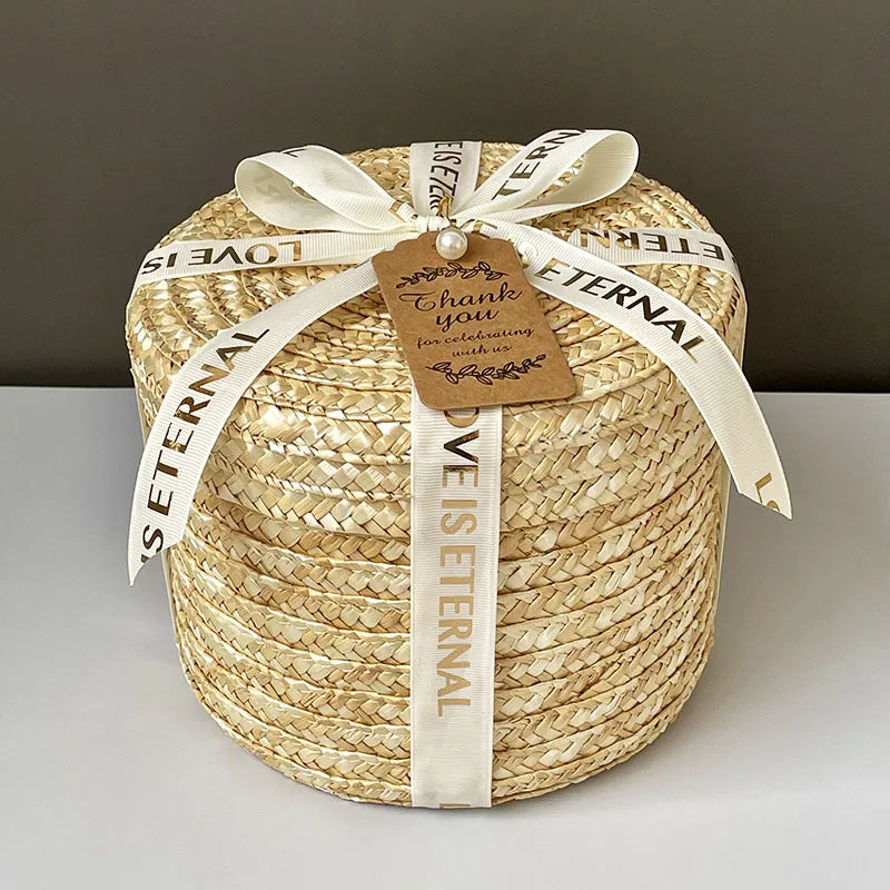 Round Straw Box with Lid Hug Bucket Rattan Hand Gift Box Baking Wedding  Storage Handmade Woven Box