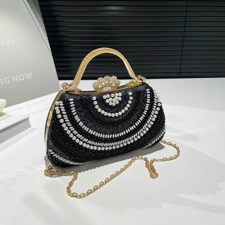 Summer New Beaded Metal Handbag Evening Bag Elegant Bride Clutch Box Bag Fashionable Ladies Chain Shoulder Crossbody Bag