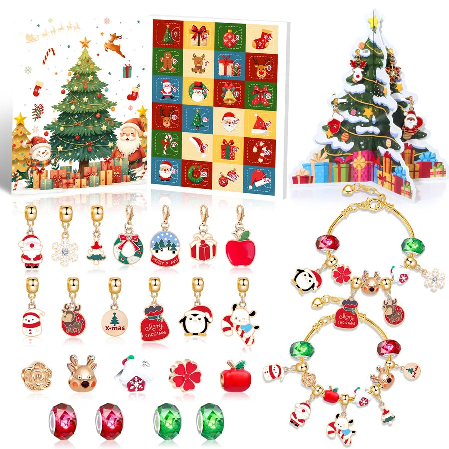 Christmas Arrival Day Countdown Calendar 24 Cells DIY Cartoon Deer Children's Bracelets Zinc Alloy Christmas Theme Handmade