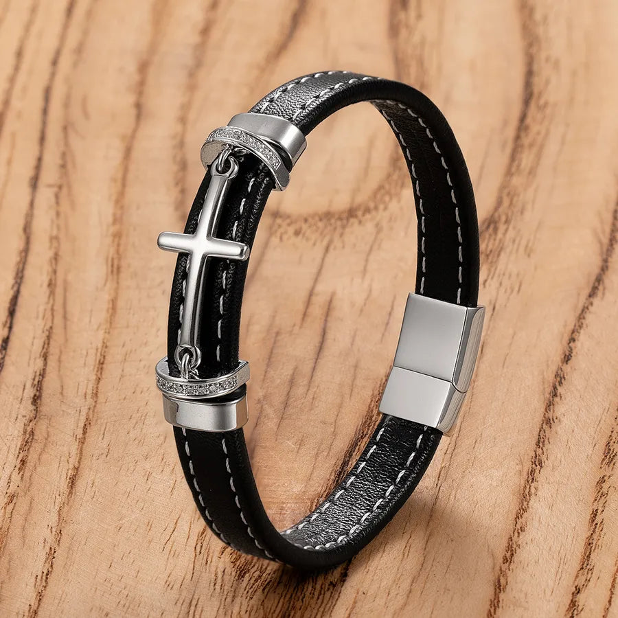 New Men's Fashion Stainless Steel Cross Shelf Accessories Bracelet Personality Woven Leather String Bracelet Ornament Wholesale