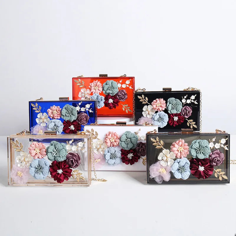 white blue black arylic flower square evening bags