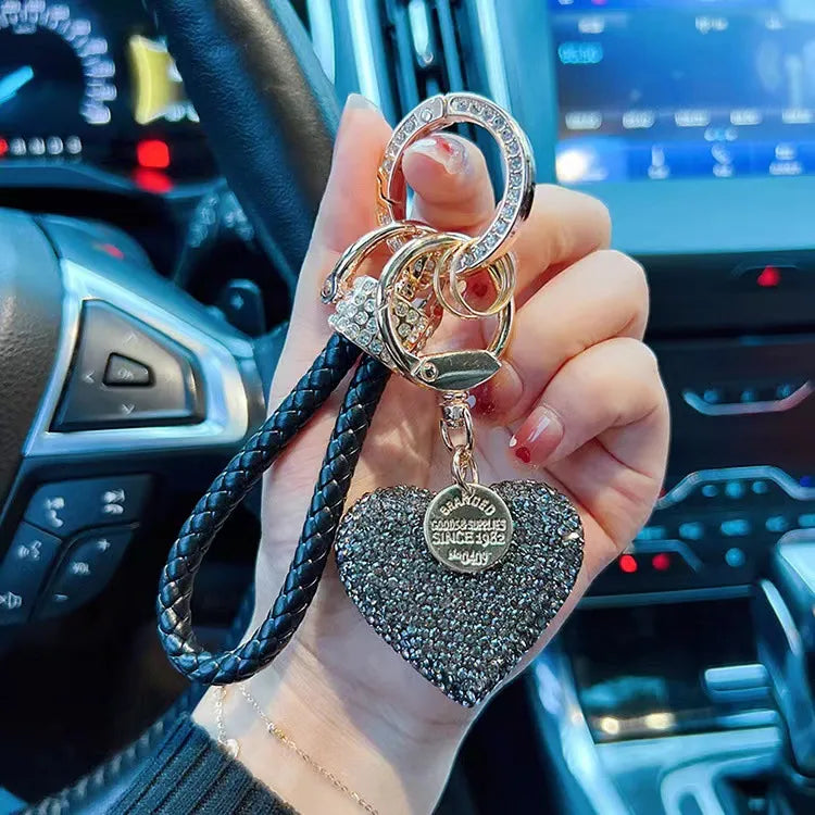 Clay Diamond full Diamond Love key chain Diamond leather rope  peach heart car key chain bag pendant female