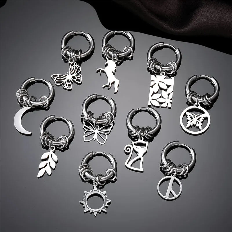 punk leaves cat butterfly stainless steel plating hollow out drop earrings