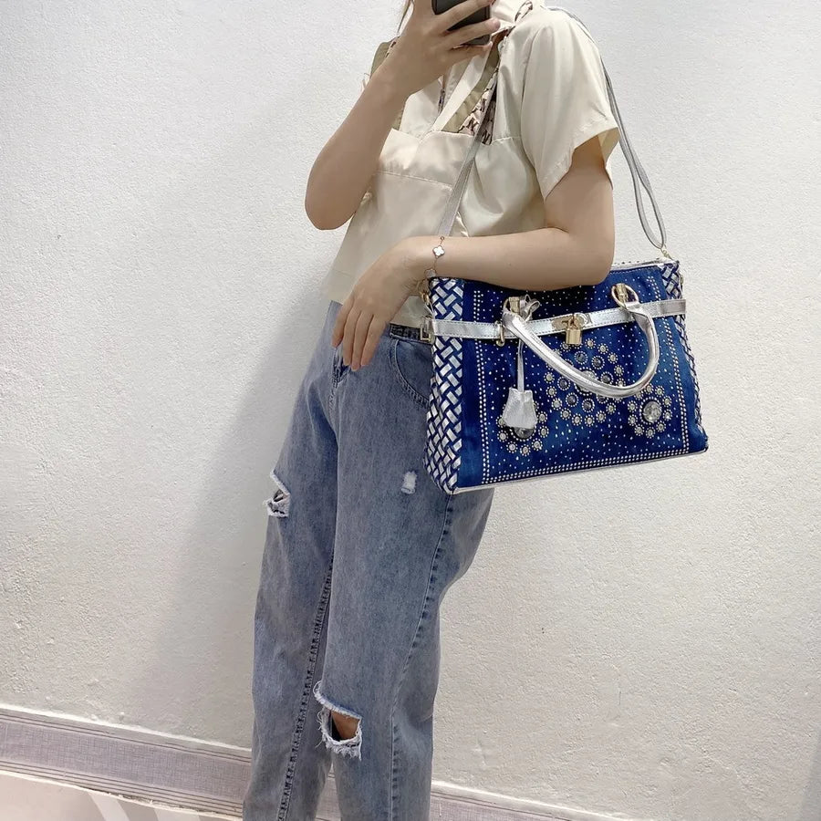 Women's Medium Denim Geometric Streetwear Lock Square Zipper Tote Bag