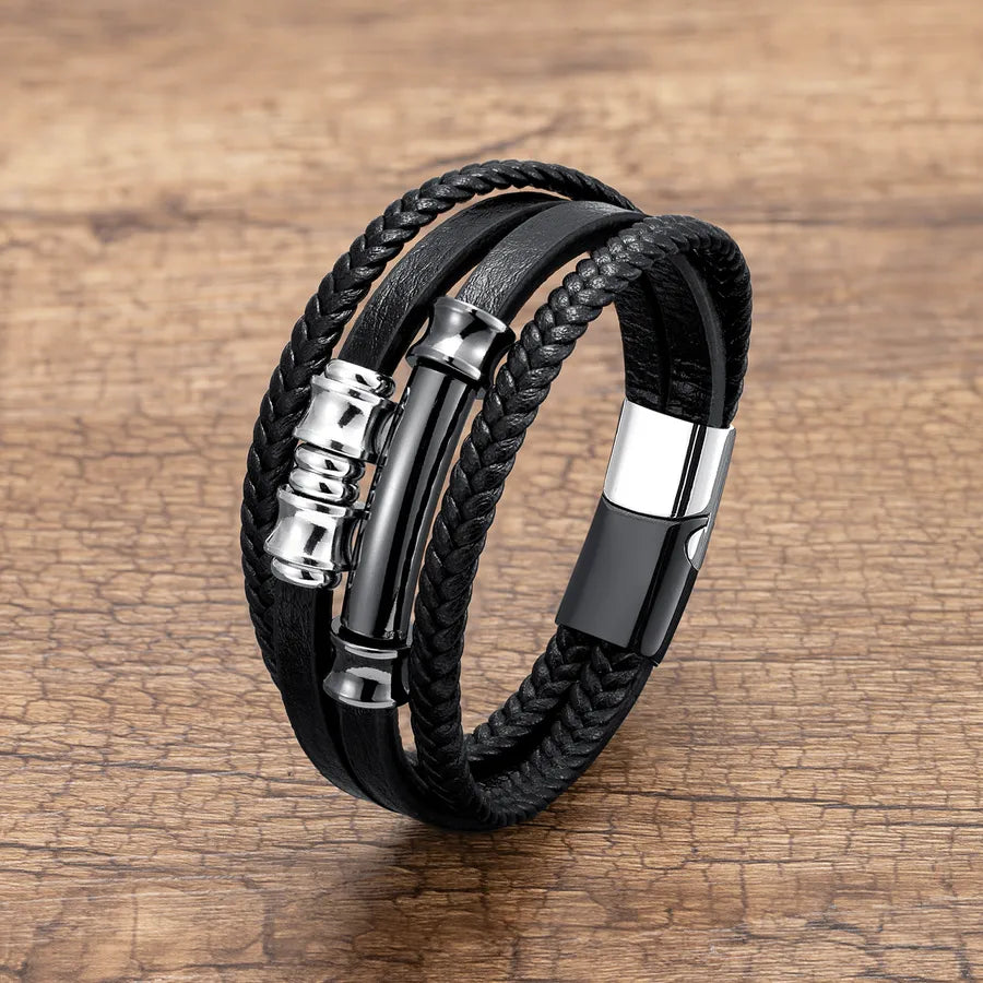 Retro Men's Simplicity Stainless Steel Buckle Leather Cord Bracelet  Fashion Personality Multi-Layer Leather Ornament Bracelet