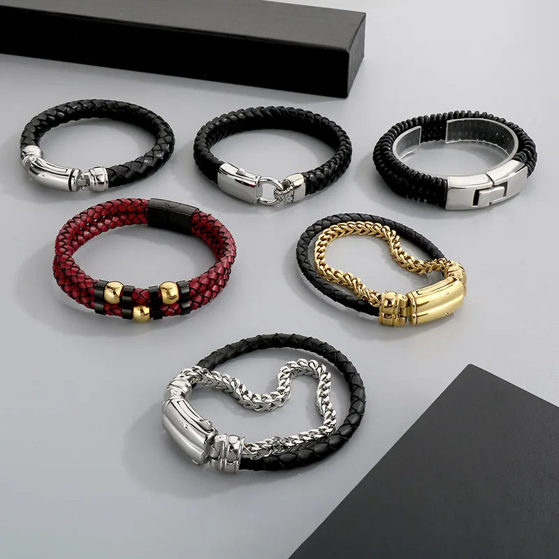 Retro Geometric 304 Stainless Steel Leather rope Men's Bangle