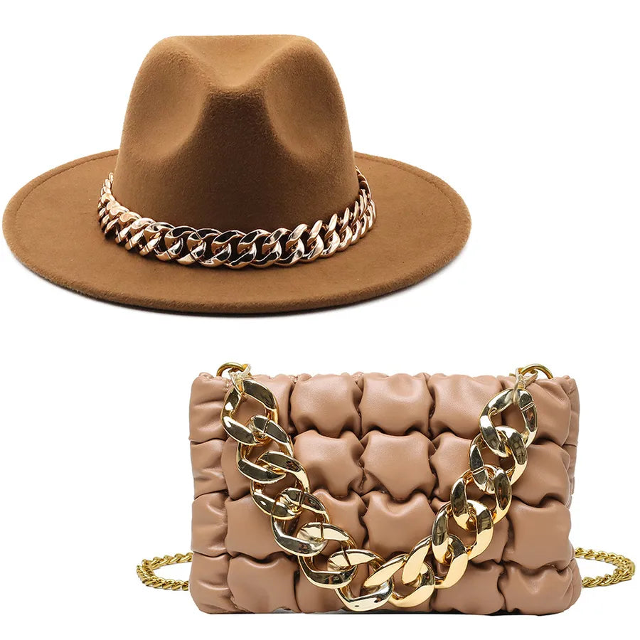 women's british style solid color chain flat eaves fedora hat