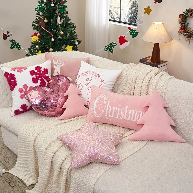 Ins Style Decorative Plush Pillow Cover Pink Embroidery Sofa Living Room Decorative Cushion Cover Festive Star Pattern