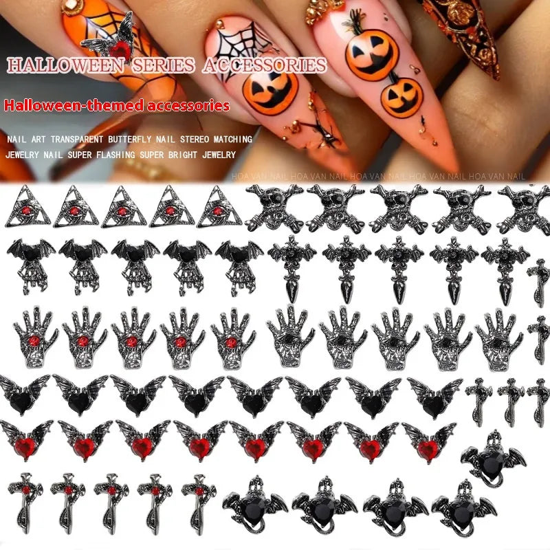 Halloween Dark Series Nail Ornament Three-Dimensional Diamond-Inlaid Cross Love Alloy Nail Accessories Wholesale