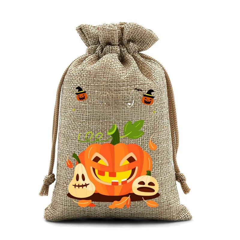 2025 New Halloween Linen Drawstring Gift Bag Pumpkin Shaped Sealed Mouth Bag Cartoon Style Heat Transfer Process Ladies Handbag