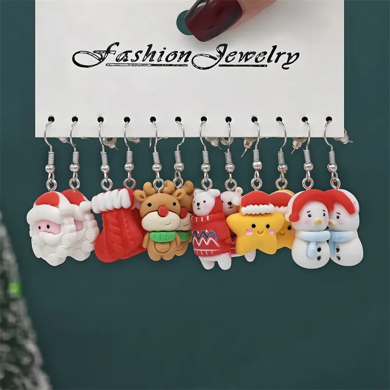Christmas Series Cartoon Snowflake Star Ear Hooks Women's Holiday Earrings Set Festive Resin Studs Festive Fashion Jewelry