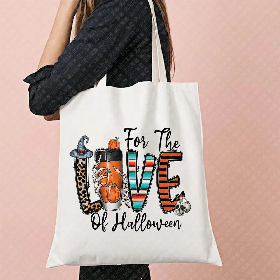 Halloween Witch Pattern Canvas Tote Bag Reusable Shopping Bag For Commuting Traveling Women Large Square Fashionable Bag