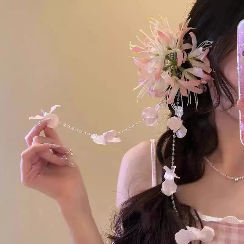 Super Fairy Artificial Flower Butterfly Flower Tassel Grip Female Sweet Style Unique and Exquisite Barrettes Ins All-Match Hair Accessories Fashion