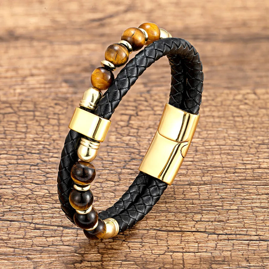 simple style geometric leather rope stone metal handmade metal button unisex bracelets