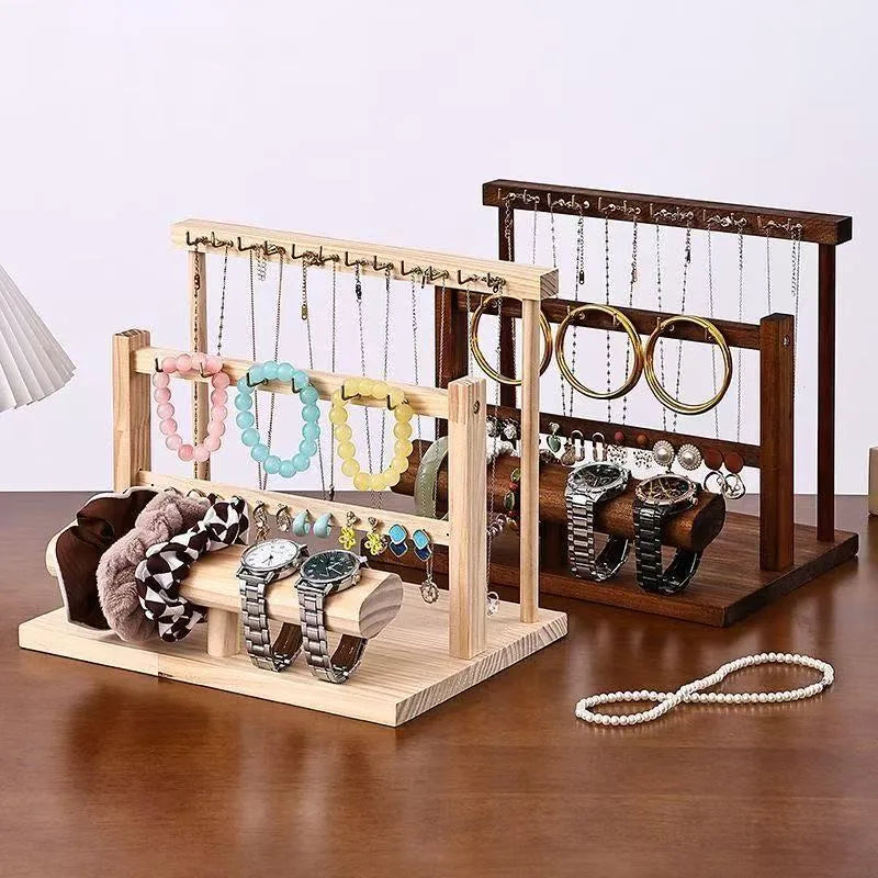 Multifunctional Solid Wood Jewelry Display Stand Storage Watch Bracelet Earring Necklace Vendor Stall Jewelry Holder Rack