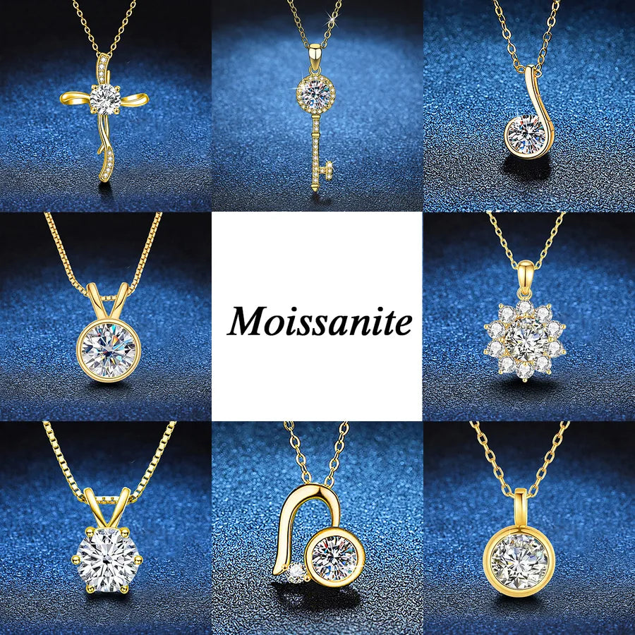 1.0ct Moissanite 925 Sterling Silver Pendant Necklace GRA Certificate Round Brilliant Cut Geometric Floral Bow Knot 18K Gold Plated Pendant Necklace