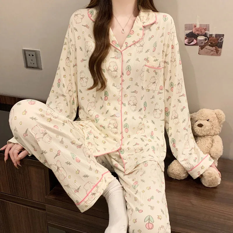 Sweet Girl Heart Print Open Cardigan Sleepwear Long Sleeve Crepe Home Clothes Set Spring New Style Casual Breathable Polyester