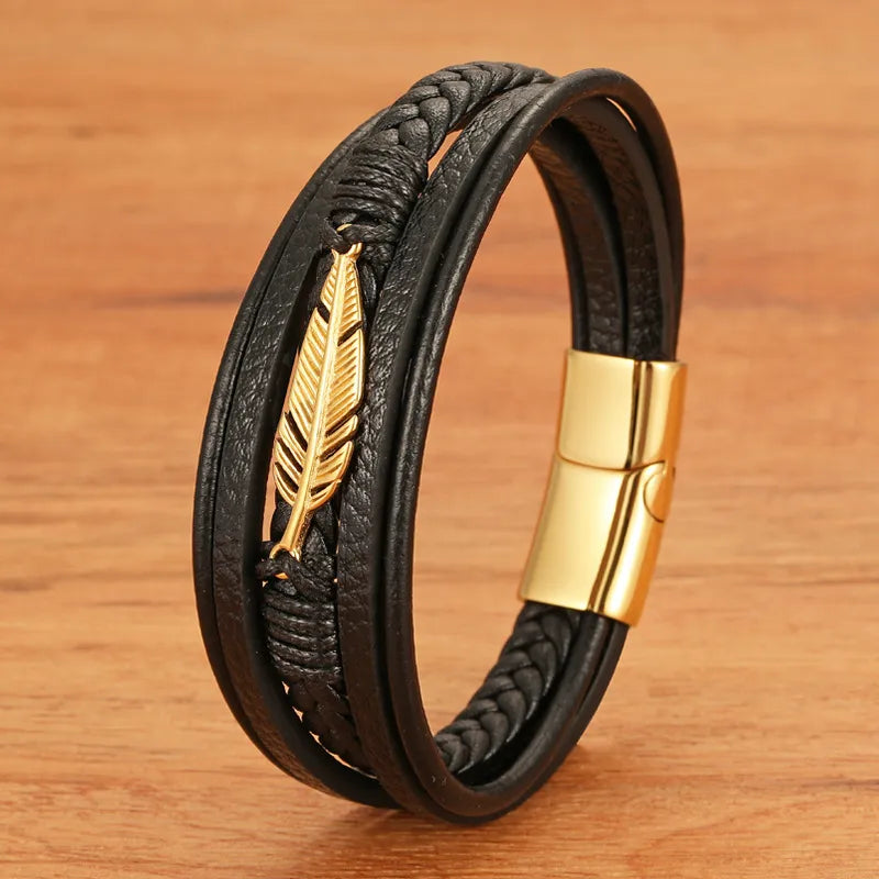 Vintage Style Classic Style Geometric Pu Leather Titanium Steel Woven Chain Wrap Bracelets Wholesale