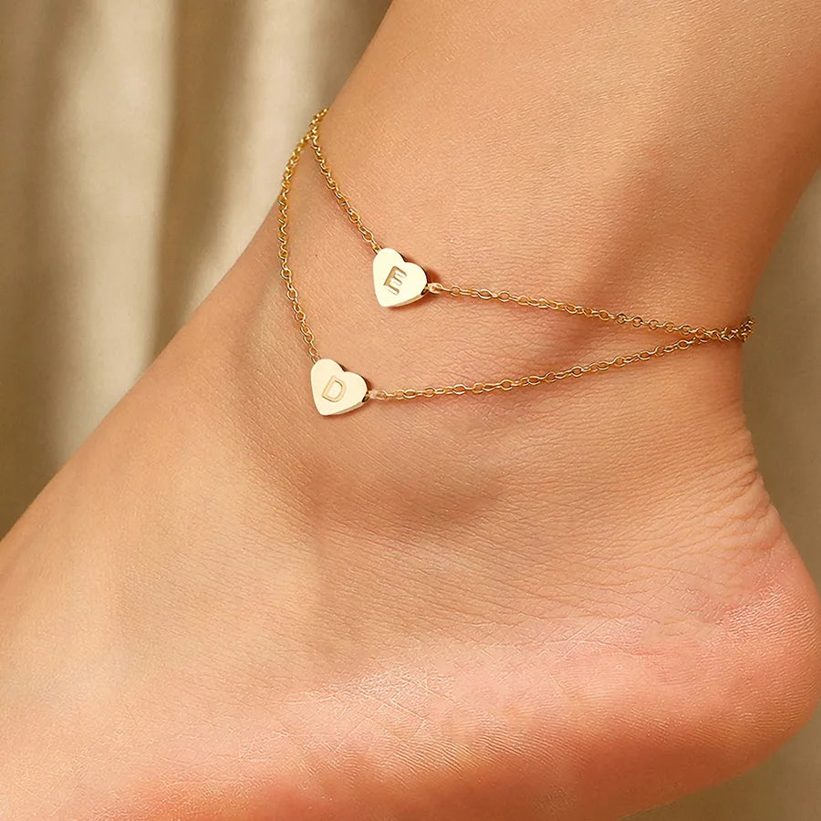 Wholesale Jewelry Beach Simple Style Commute Letter Heart Shape 304 Stainless Steel 14K Gold Plated Anklet