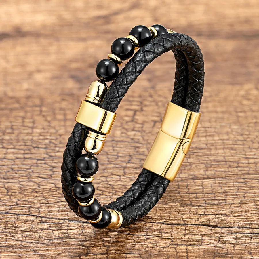 simple style geometric leather rope stone metal handmade metal button unisex bracelets