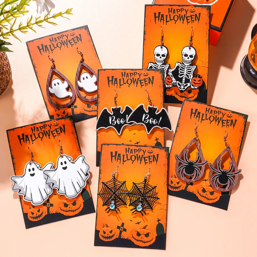 1 Pair Halloween Hip-Hop Funny ghost Spider Skull Wood Drop Earrings