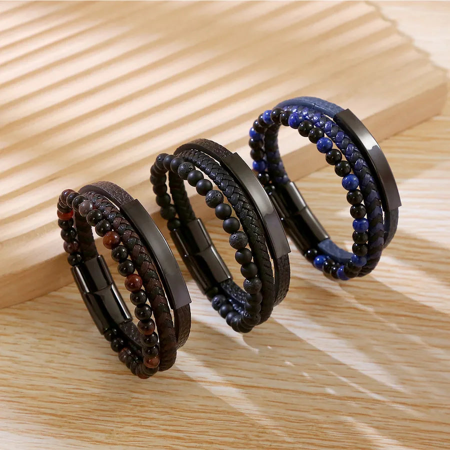Business Argyle Stainless Steel Pu Leather natural stone Beaded Knitting Men's wristband