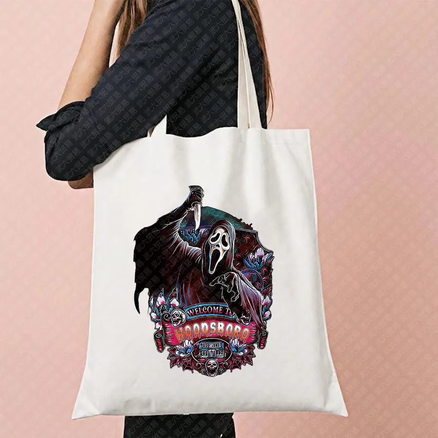 Scary Cat Halloween Pumpkin Pattern Canvas Tote Bag Reusable Shopping Bag Large Square Shape Double Shoulder Strap Tote Bag