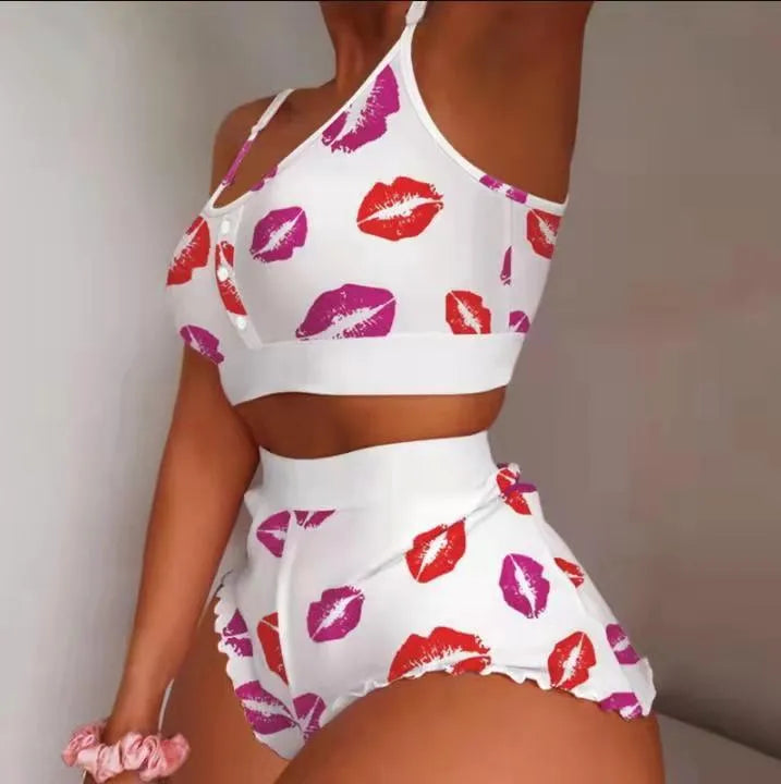 women's sweet heart shape polyester milk fiber printing shorts sets