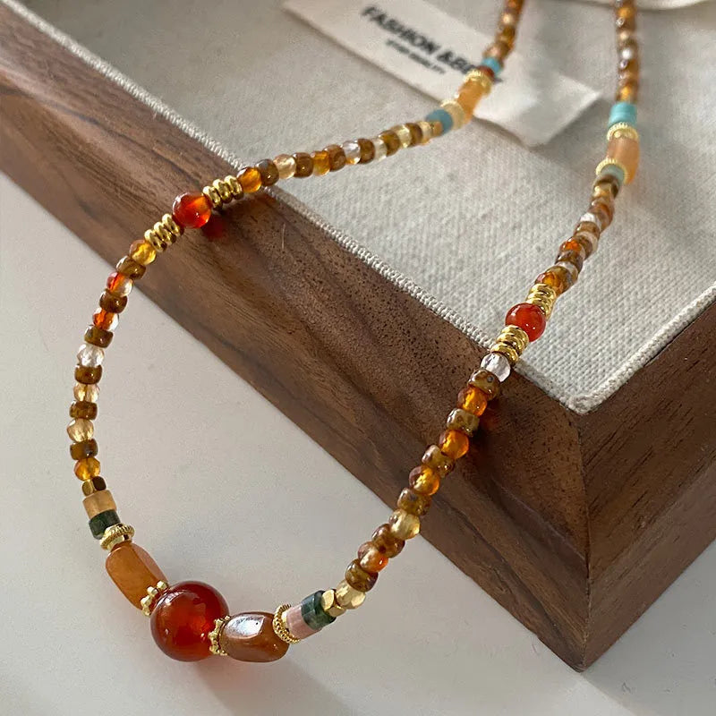 Retro Japanese Style Geometric natural stone Freshwater Pearl Agate Pendant Necklace In Bulk