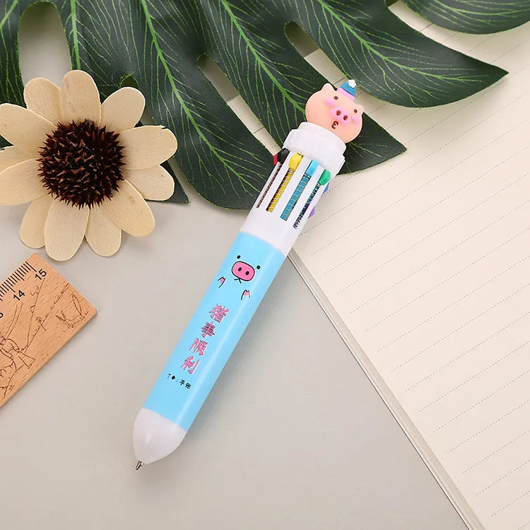 cartoon animal ten-color student stationery retractable ballpoint pen 1pcs