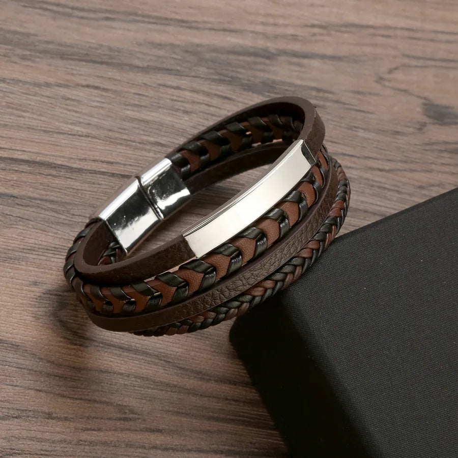 Simple Style Color Block Pu Leather Layered Men's Bangle