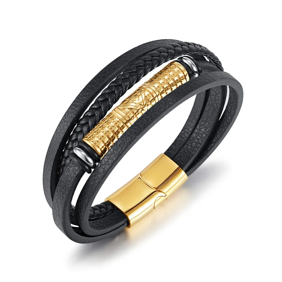 Retro Punk Solid Color 304 Stainless Steel Pu Leather Men's Bangle Men Cord & Leather Bracelets
