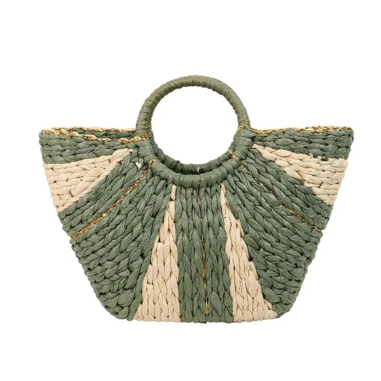 Women's Straw Color Block Vacation Bucket Open Handbag