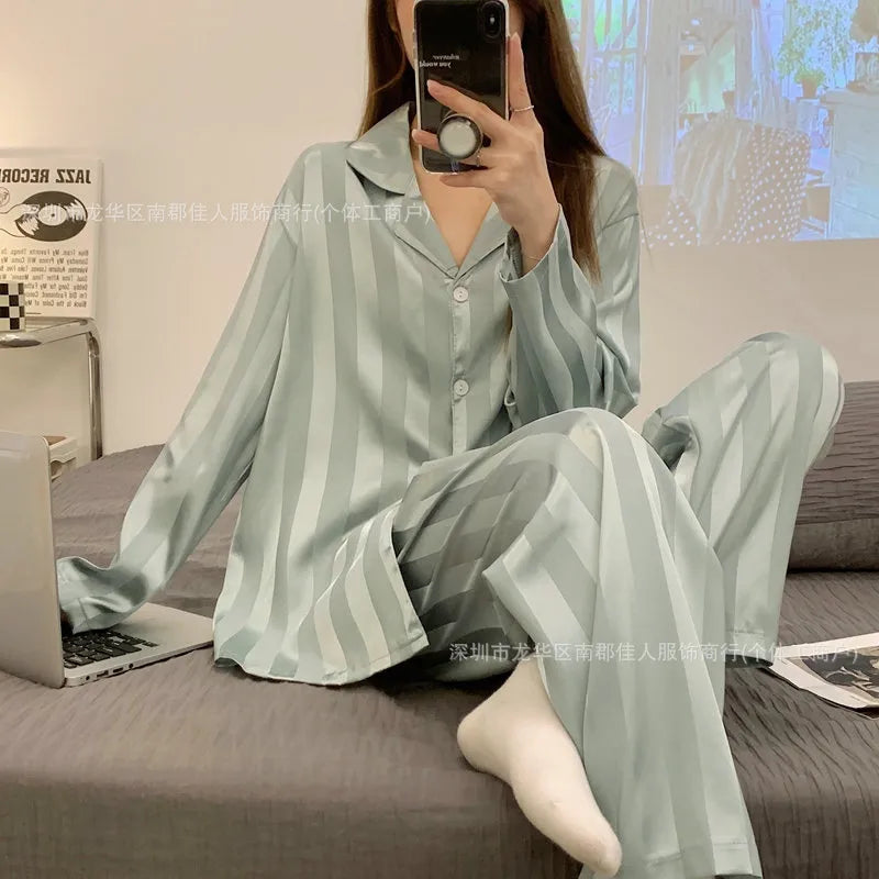 New Women's Silk Sleepwear Summer Simple Luxury Texture Sweet INS Home Clothes Set Pajamas Breathable Casual Sleepwear