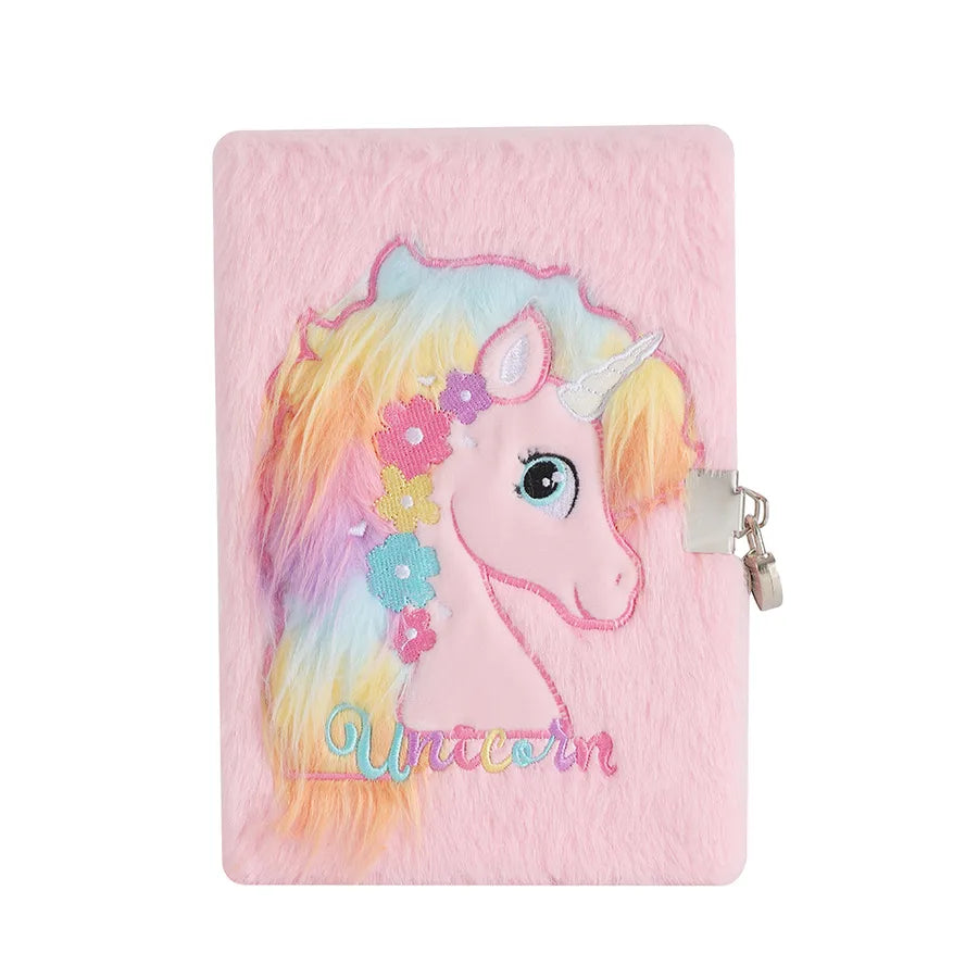 Cute  A5 Cartoon Plush Notebook With Lock Children's Diary Book Girl's Scrapbooking Notebook Pink Purple Tie Dye