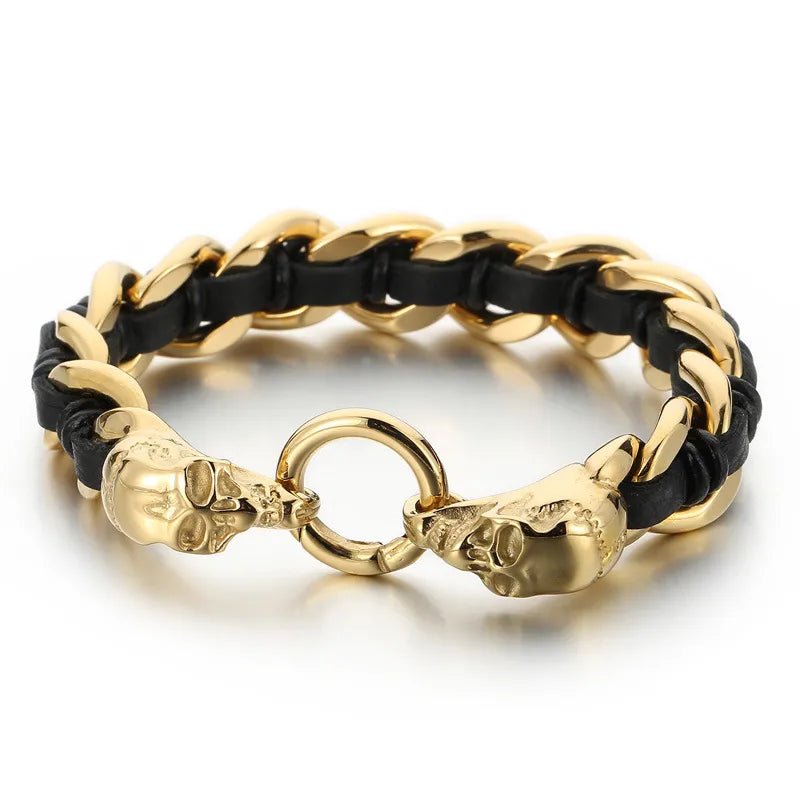 Retro Skull Cowhide Titanium Steel 18K Gold Plated Halloween Men'S Bracelets