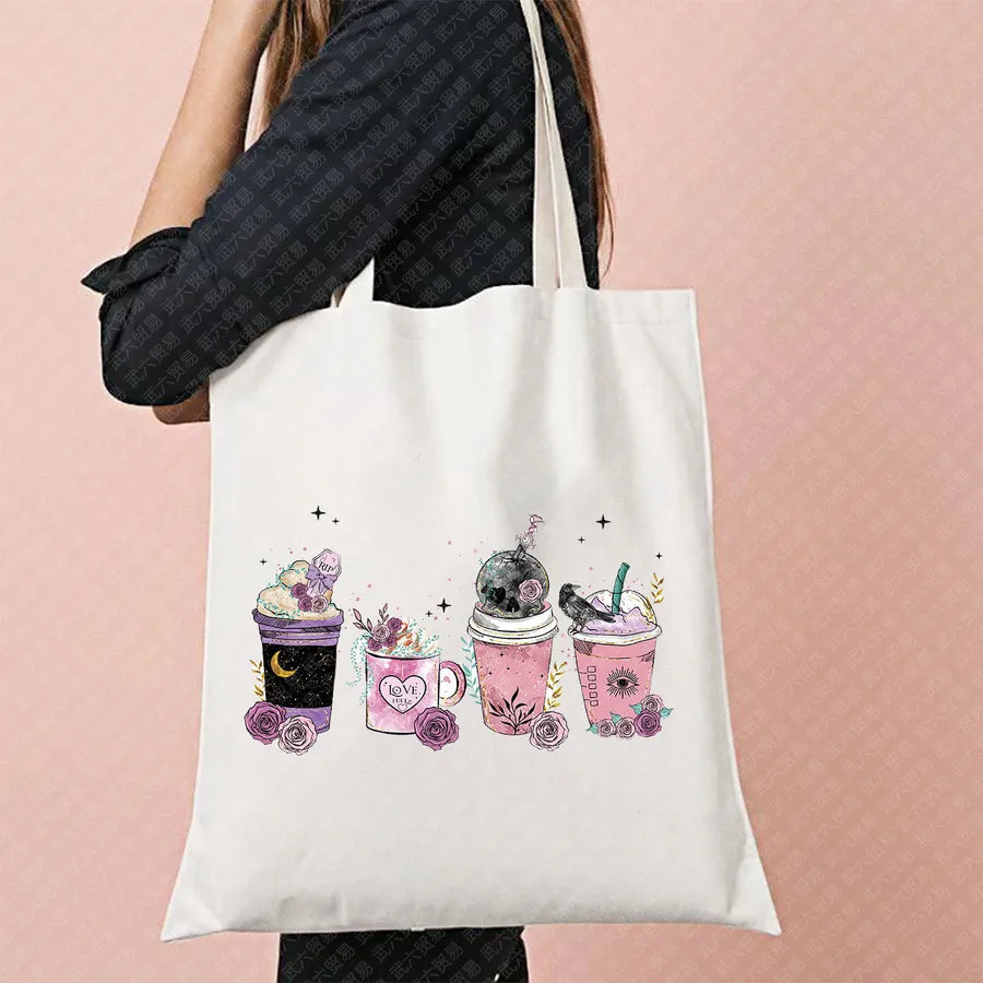 Halloween Movie Pattern Canvas Tote Bag Reusable Shopping Shoulder Bag Travel Large Square Printed Handbag Retro Style Women