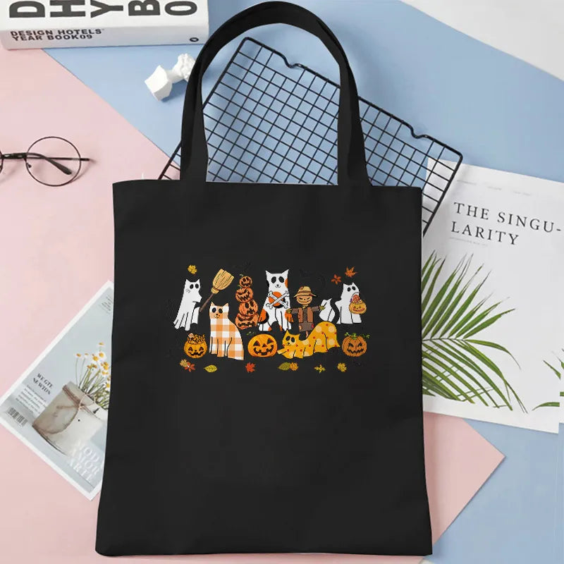 Cute Cat Halloween Party Bag Women Ghost Canvas Tote Bag Harajuku Fashion Shopping Bag Square Shape Large Size Retro Print