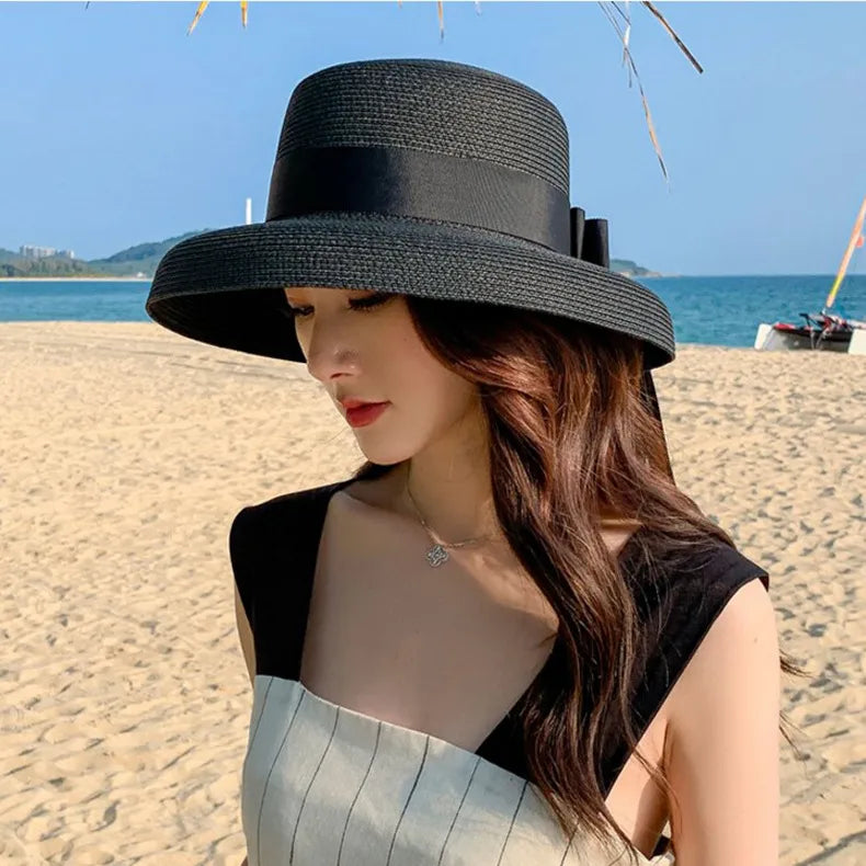 women's classic style bow knot braid curved eaves straw hat