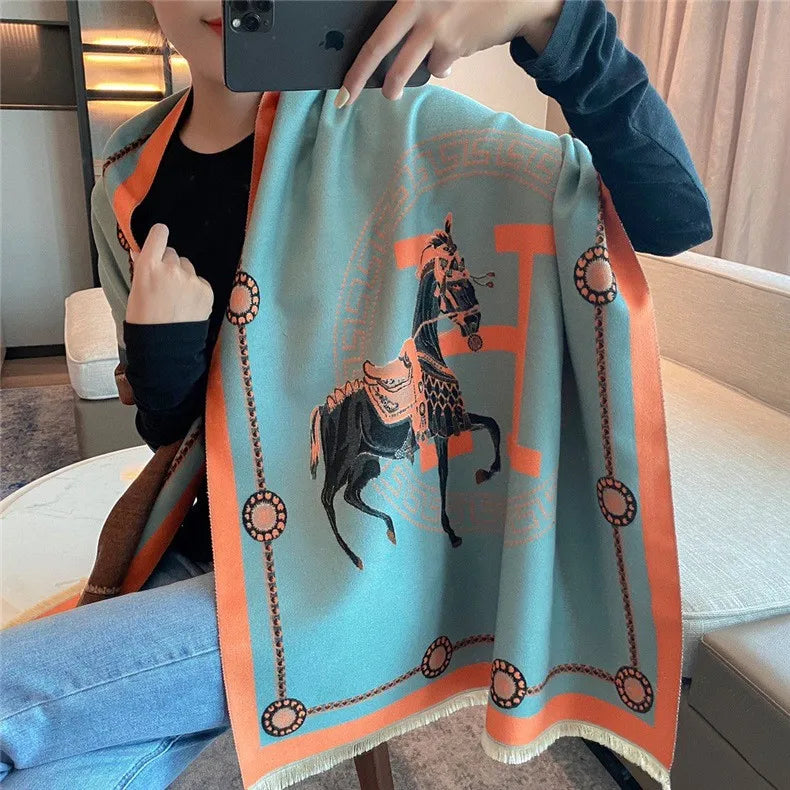women's retro color block imitation cashmere printing scarf