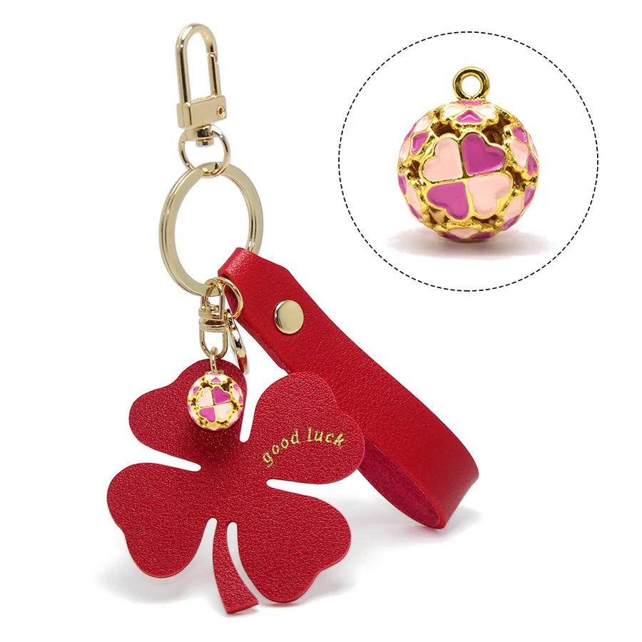 Lucky Four-Leaf Clover Car Leather Key Chain Pendant Internet Celebrity Valentine's Day Gift Four-Leaf Clover Bell Pendant