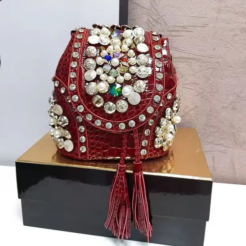 Personality Women's Bag Multi-use Bag  New Style Small Barrel Bag Handmade Beaded Rhinestone Fashionable Shoulder Crossbody Bag