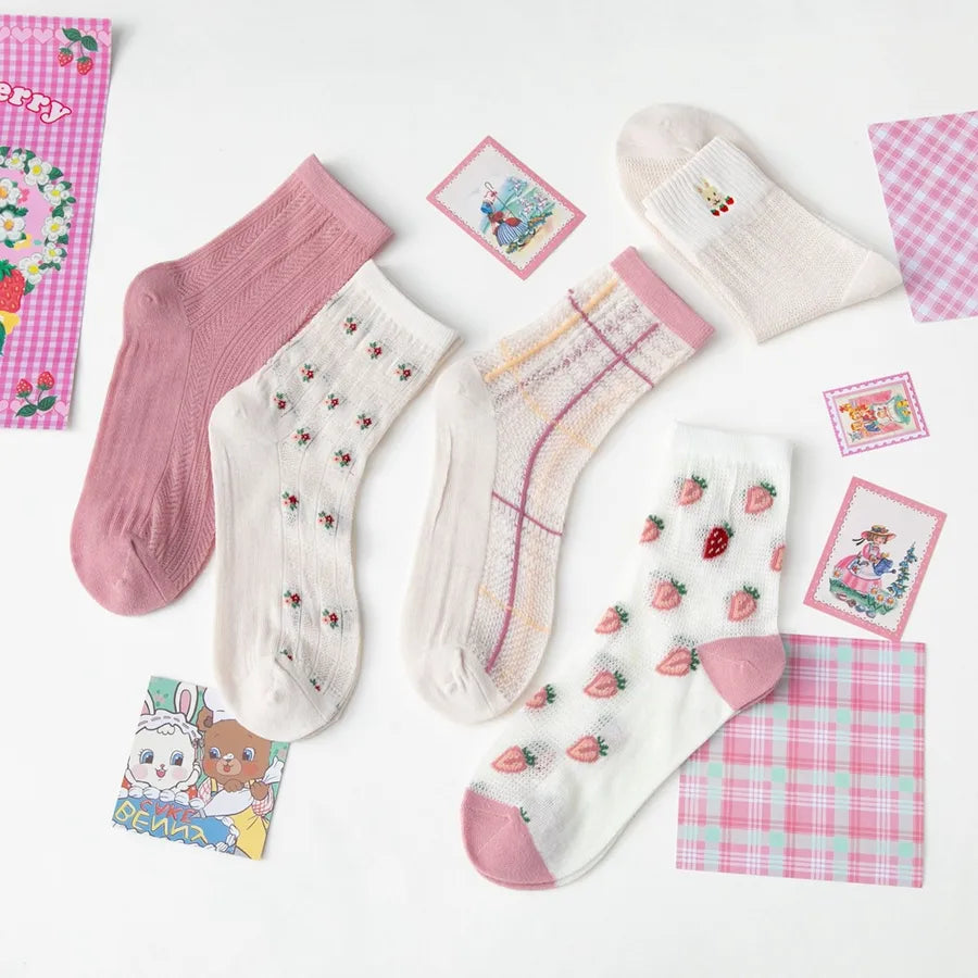 5 Pairs Cute Modern Style Women's Cherry Flower Cotton Crew Socks