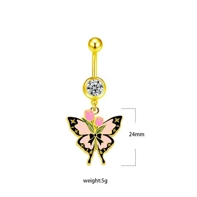 1 Piece Belly Rings Sexy Heart Shape Flower Butterfly 316L Stainless Steel  Alloy Enamel Plating Inlay Rhinestones White Gold Plated