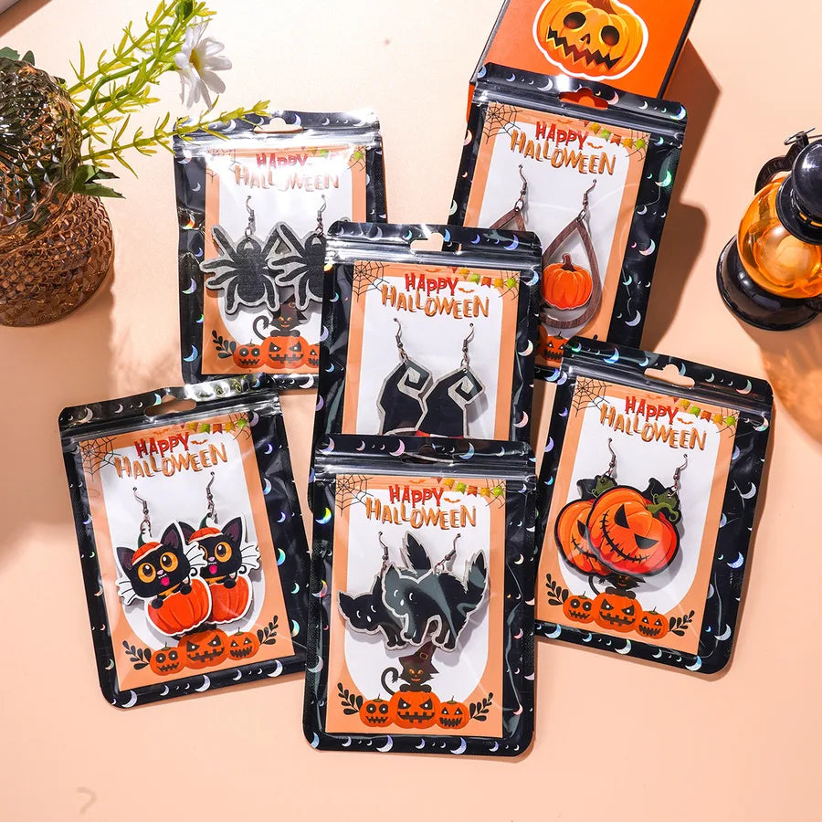 Creative Halloween Theme Wooden Pumpkin Spider Cat Earrings Quirky Cartoon Style Women's Simple Design Dangle Stud Earrings