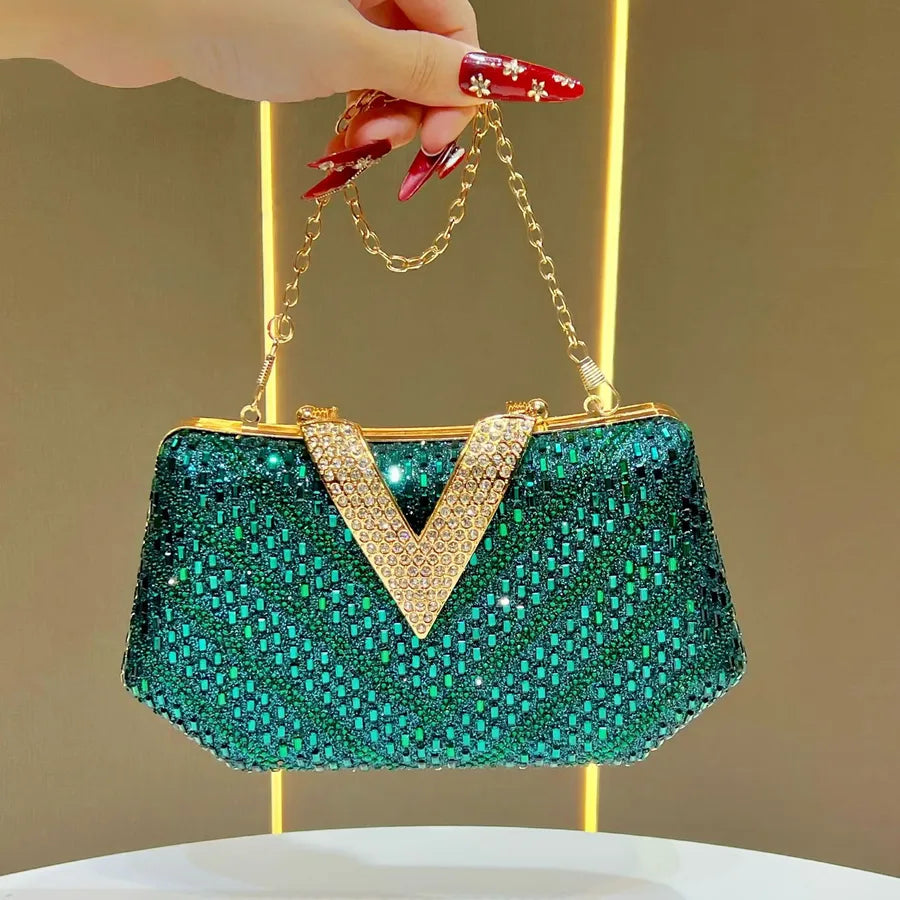 Elegant Diamond Embellished Evening Bag Women's Clutch Chain Crossbody Flag Dress Bag Handbag Single Shoulder Party Purse