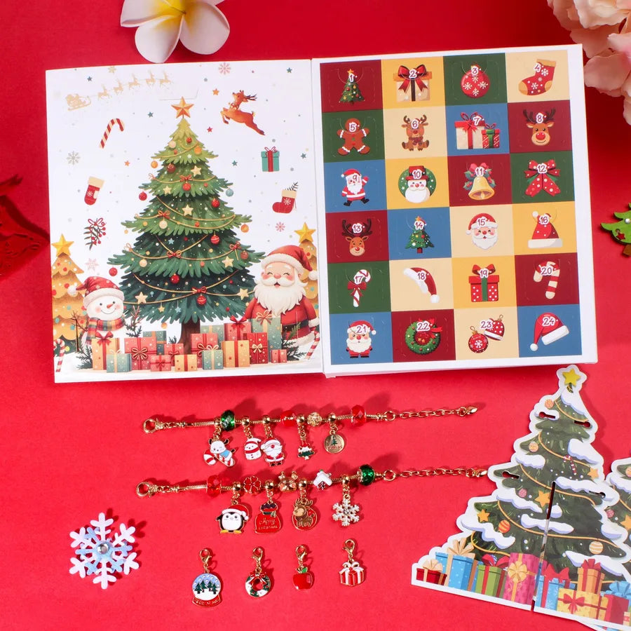 Christmas Arrival Day Countdown Calendar 24 Cells DIY Cartoon Deer Children's Bracelets Zinc Alloy Christmas Theme Handmade