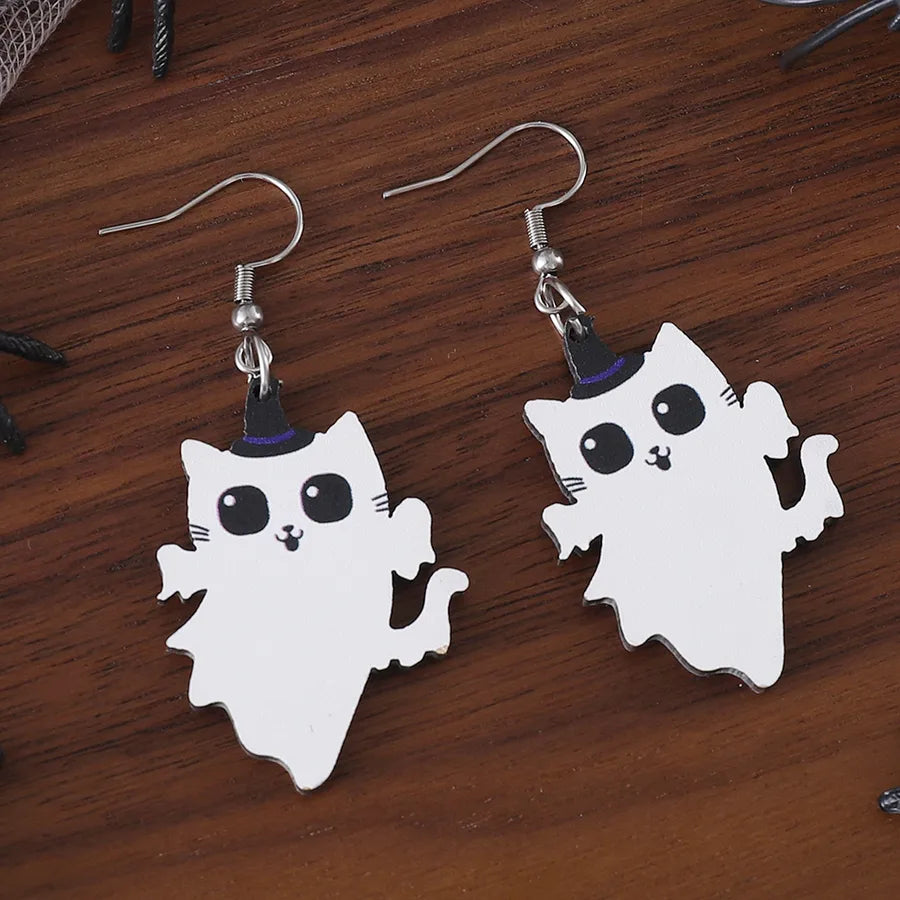 Halloween Cute Angel Cat Magic Hat Black Cat Pendant Earrings Ladies Vintage Wooden Gothic Style Double-Sided Ear Jewelry Party Gift